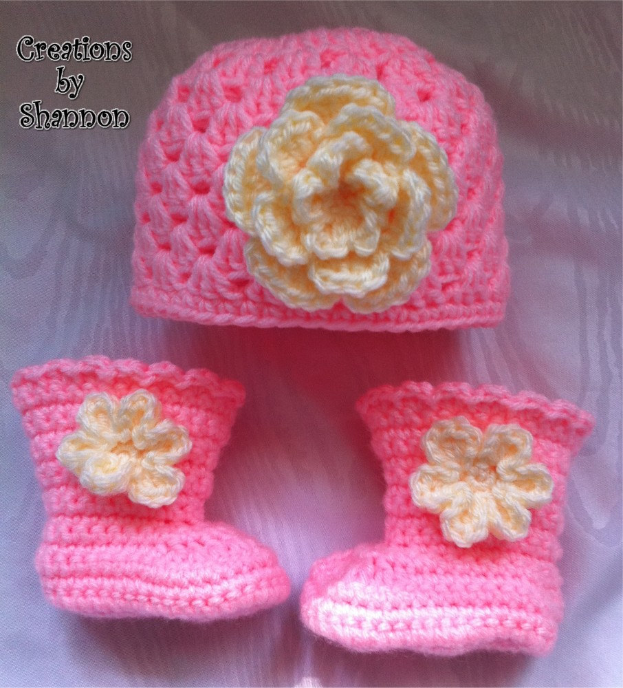 Infant Baby Girl Boots Booties And Shell Hat With Flower - Available In Newborn To 12 Months - Your Choice Color